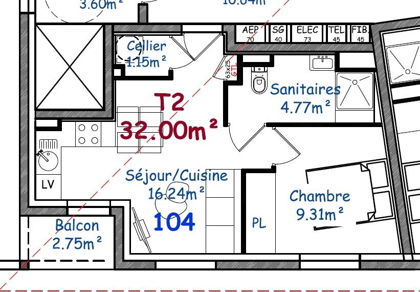 LOT 104  T2 de 32 m2 au dernier étage