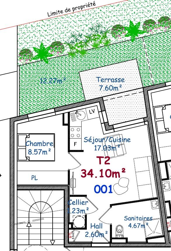 lot 001  T2 de34 m² en rez jardin