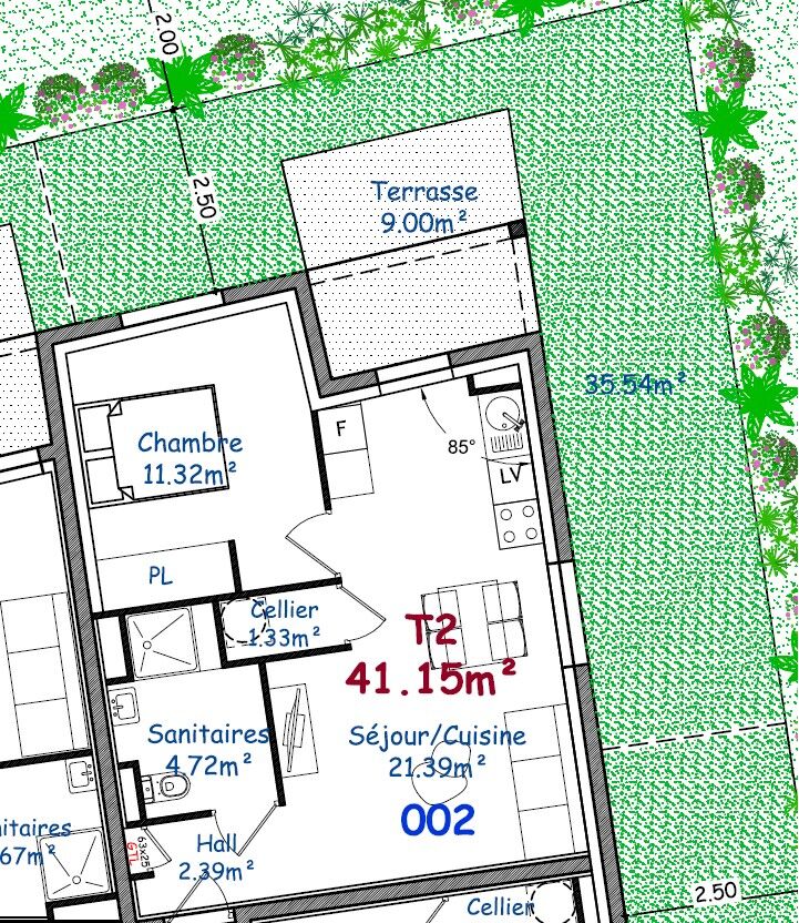 lot 002 T2 de 42 m² en rez de jardin