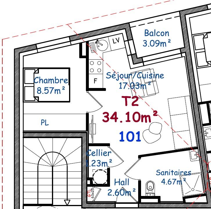 lot 101 T2 de 34.10 m² au dernier étage