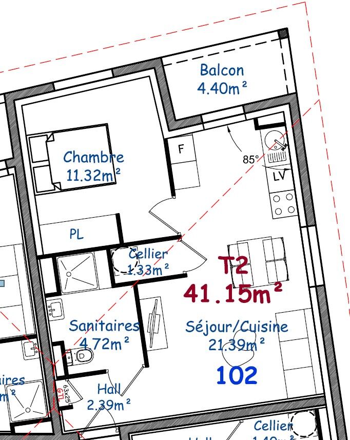lot 102  T2 de 41.15 m² au dernier étage