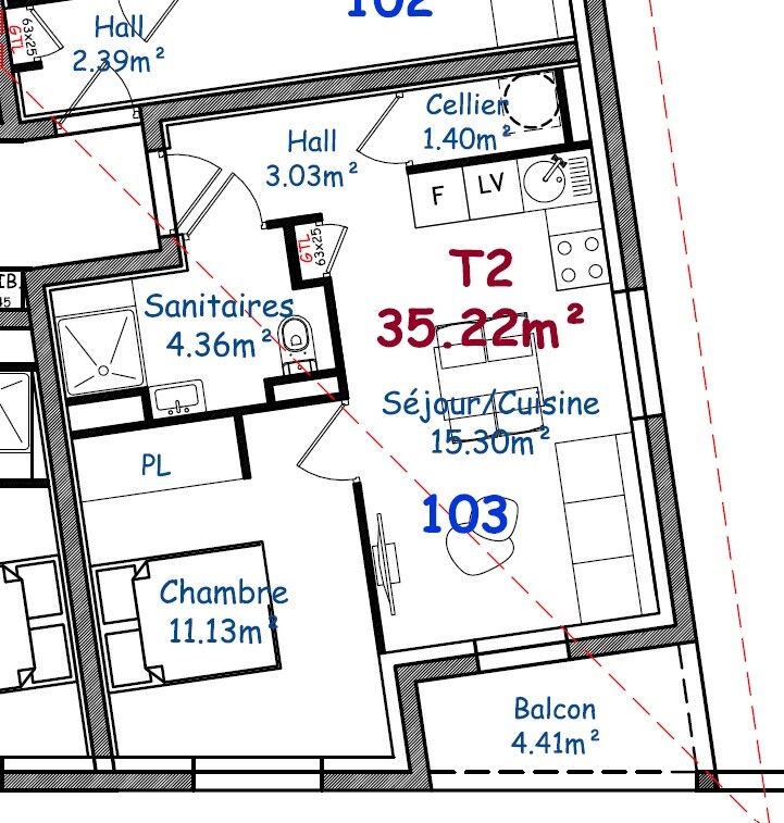 lot 103  T2 de 35.22 m² au dernier étage
