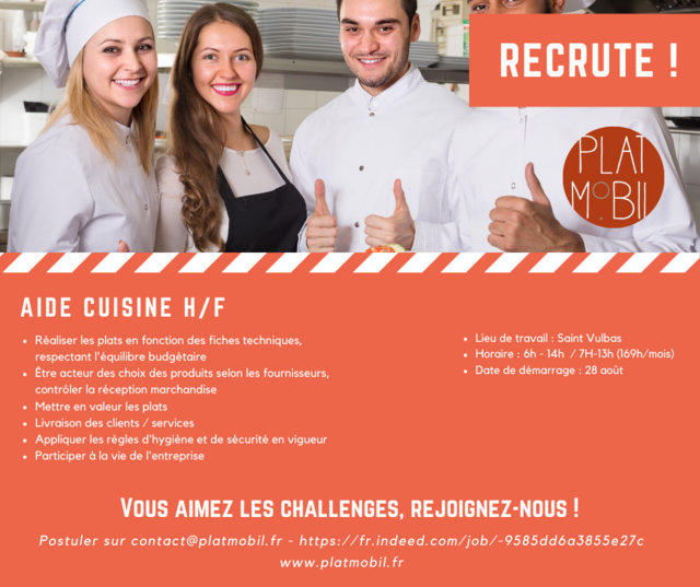 Image de l'offre d'emploi Platmobil.fr  prépare sa rentrée : recherche aide de cuisine  