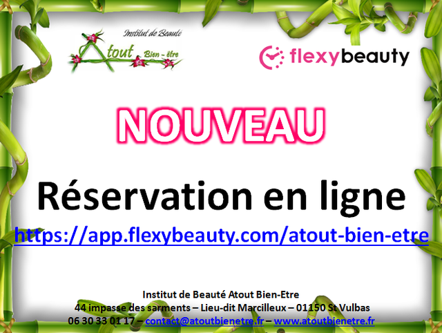 image du post NOUVEAU : RESERVATION EN LIGNE : INSTITUT DE BEAUTE ATOUT BIEN ETRE ST VULBAS