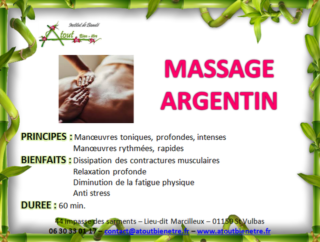 Image de l'actualité -10€ SUR VOTRE MASSAGE ESTHETIQUE ARGENTIN : INSTITUT DE BEAUTE ATOUT BIEN ETRE ST VULBAS 