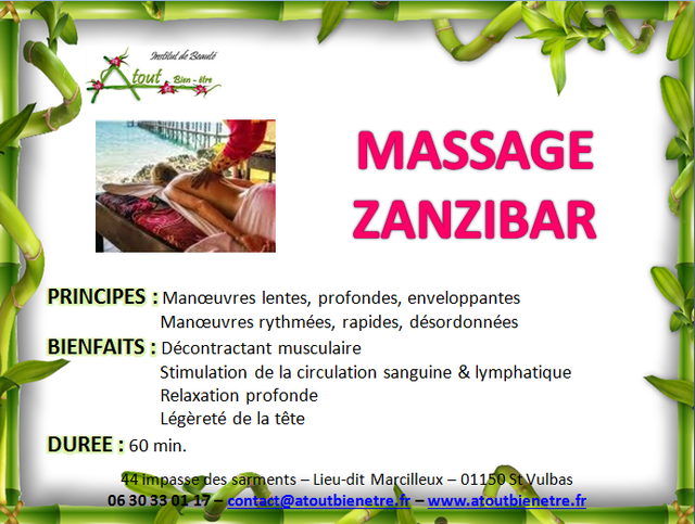 Image de l'actualité -10€ SUR VOTRE MASSAGE ESTHETIQUE ZANZIBAR : INSTITUT DE BEAUTE ATOUT BIEN ETRE ST VULBAS 