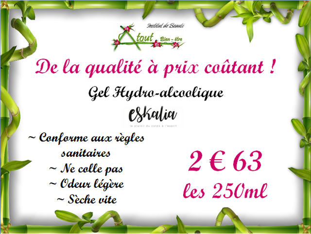 Image de l'actualité Gel Hydro-alcoolique à Prix Coûtant à L'Institut Atout Bien Etre Saint Vulbas 2€63 (250ml)