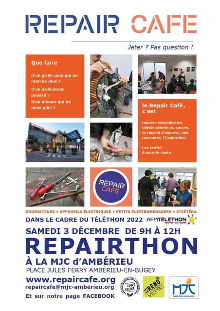Image de l'événement Repair Café Ambérieu le sam 3 dec à la MJC Ambérieu dans le cadre du Téléthon