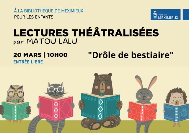image du post Heure du conte à la bibliothèque : "Drôle de bestiaire" - Lectures théâtralisées par Matou Lalu mercredi 20 mars à 10h