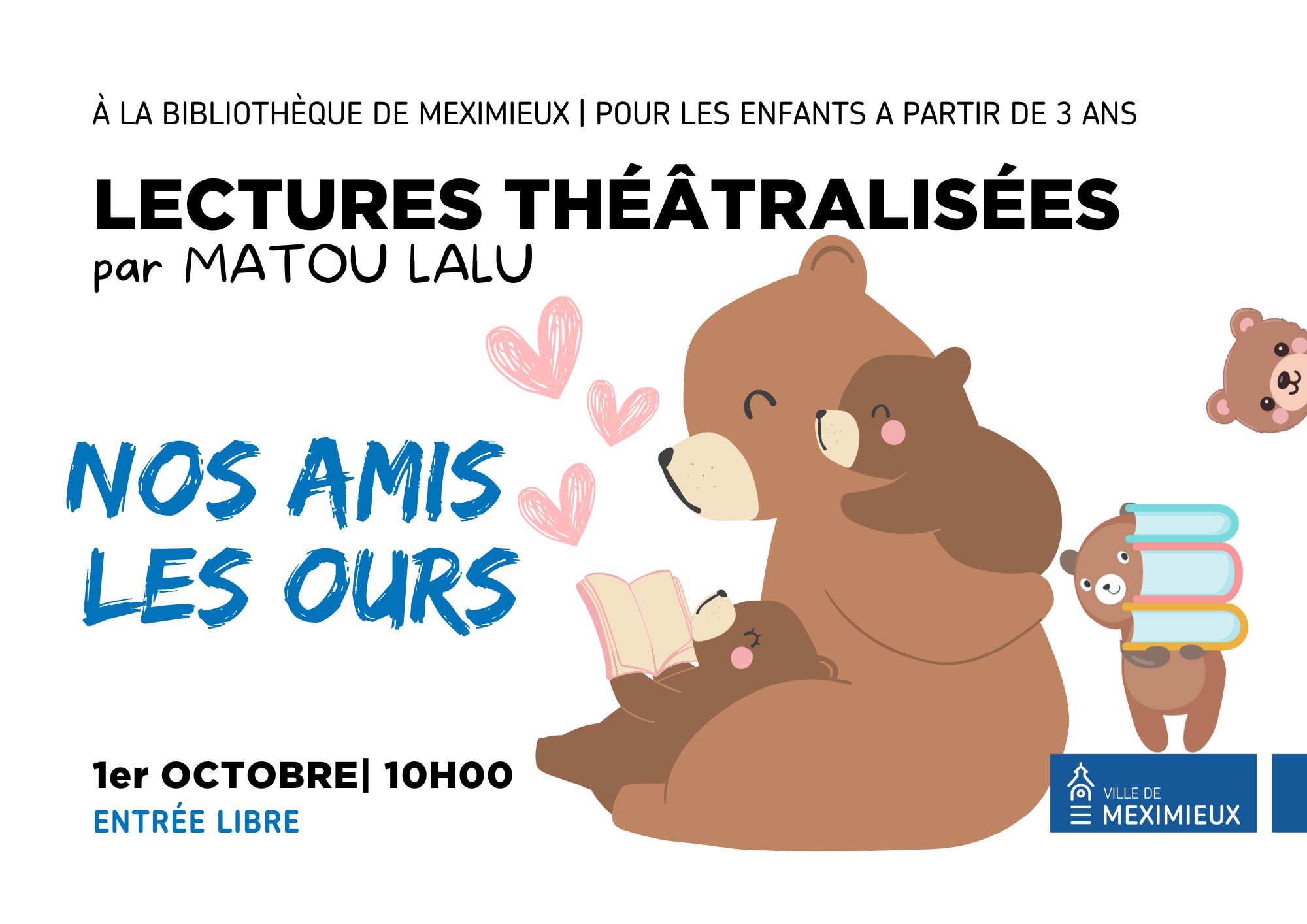 Image de l'actualité Heure du conte à la bibliothèque : "Nos amis les ours" - Lectures théâtralisées par Matou Lalu mercredi 1er octobre à 10h