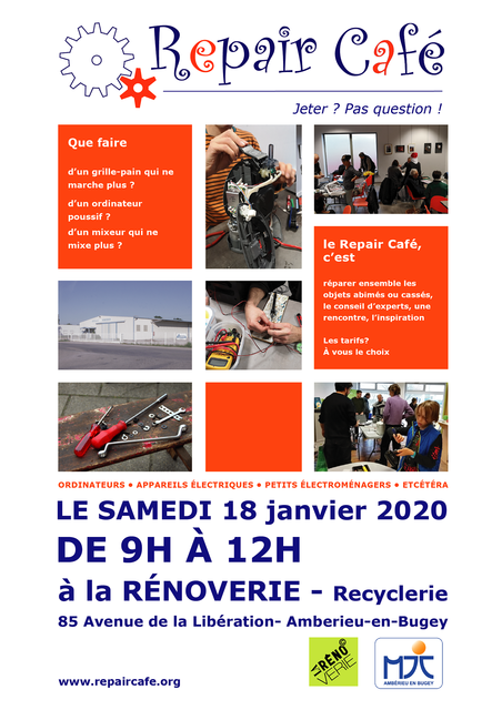 Image de l'événement Prochain Repair Café Ambérieu samedi 18/1 de 9hh à 12h à la nouvelle recyclerie La Rênoverie