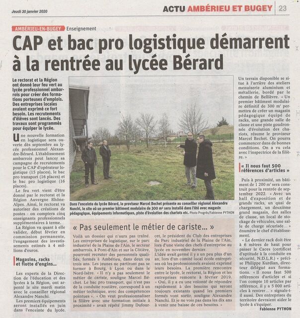 image du post C'est officiel ! Ouverture d'un CAP et d'un Bac Pro Logistique au LP Bérard à Ambérieu en B.