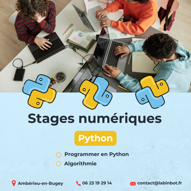 Image de l'actualité 🐍𝗔𝗽𝗽𝗿𝗲𝗻𝗱𝗿𝗲 𝗮̀ 𝗰𝗼𝗱𝗲𝗿 𝗲𝗻 𝗣𝘆𝘁𝗵𝗼𝗻 |𝟭𝟰-𝟭𝟲 𝗮𝗻𝘀 | 𝗗𝘂 𝟭𝗲𝗿 𝗮𝘂 𝟯 𝗝𝘂𝗶𝗹𝗹𝗲𝘁🐍